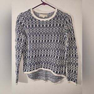 LOFT Linen Cable Knit Sweater Blue Cream High Low Hem, Size SP